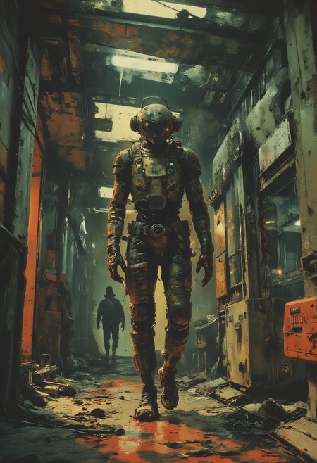 Vintage Sci-fi, A soothing photo of a military robot walking the dimly lit corridors of a spacecraft. An astronaut dressed in brightly colored spacesuits is following the robot.