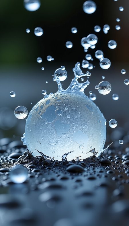 Extreme close-up of a small hailstone in the split second after it hits a hard surface. The hailstone is captured mid-break, with sharp ice fragments scattering in all directions. Some pieces are already airborne, trailing behind with very fine, clear motion blur that conveys a sense of speed. The impact point on the surface is slightly dented, adding to the feeling of force. The texture of the ice is highly detailed, showing splintered edges and tiny cracks, contrasting against the dark, wet surface below.