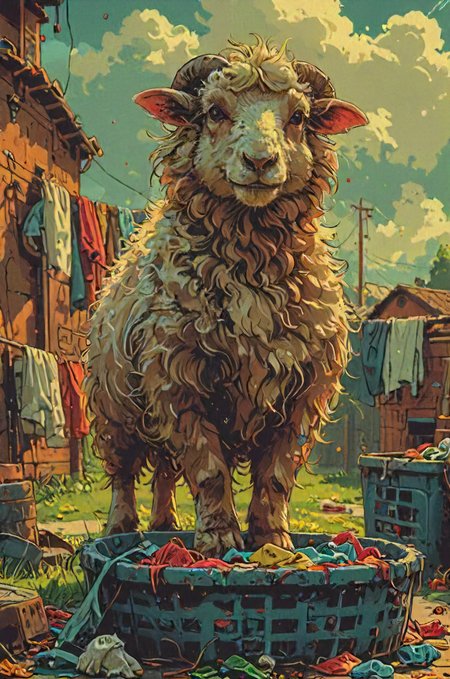 a sheep doing laundry?! colorful, concerning development,    <lora:- SDXL - vanta-black_contrast_V3.0:0.8>   <lora:Futuristic_Retro_Vibes:0.7>