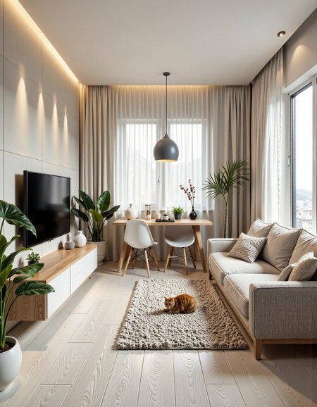 A photo of a cozy and stylish living room in a 30 sq.m studio apartment, designed in modern minimalism with personality and warmth. Light grey porcelain tile flooring with white wood texture, white soft rug in the center. A comfortable light-grey sofa against the far wall (opposite the window), floating TV console on the left wall under a flat-screen TV. the wall behind the TV has a stylish design solution, highlighting the TV area in a special way.
One large window on the right side lets in natural soft daylight. The walls are painted light beige with a textured plaster finish. Add warm indirect lighting, a few green indoor plants, and artistic decor with soul — like handmade art or a personal photo. No yellow tint, keep colors neutral and soft. Include a real-looking playful cat on the rug or sofa, not stylized. The space should feel peaceful, lived-in, and personal — not like a showroom. The overall decor combines modern and classic elements, creating a serene atmosphere.    <lora:fluxenhancer:0.9>   <lora:CTAI-I.Japandi:1> CTAi Interior Japandi