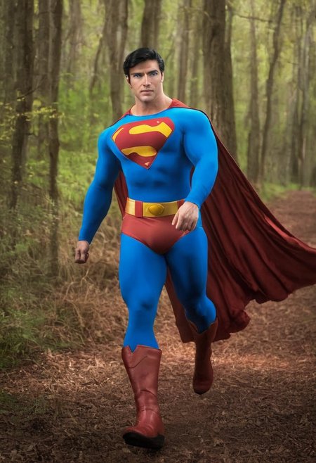 photography, hyperrealistic photograph of Superman walking through woods, black hair, blue eyes, handsome face, smile, closed_mouth, closed mouth smile, looking at the viewer, solo, hyperrealistic, hyper-realistic, photo taken with a telephoto lens( 200mm), award-winning cinematography, highly detailed, extremely high-resolution details, photographic, realism pushed to extreme, fine texture, incredibly lifelike, very awa,masterpiece,best quality,year 2024,newest,highres,absurdres,realistic,photorealistic,photo,DSLR