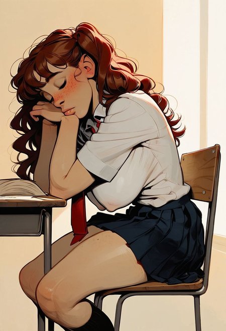 score_9, score_8_up, score_7_up, score_6_up, score_5_up, score_4_up, sexy girl , kawaii girl,  school uniform, red tie , perfect cute face, thighs, sleeping,  large saggy breasts, nipple bulge, long brown wavy hair, freckles, pale skin,  twin ponytails, blushing,  head down, (embarrassed:0.4), (worried:0.4), sleeping on classroom, head on table, sitting on chair , hanging boobs, side view , classroom , aesthetic