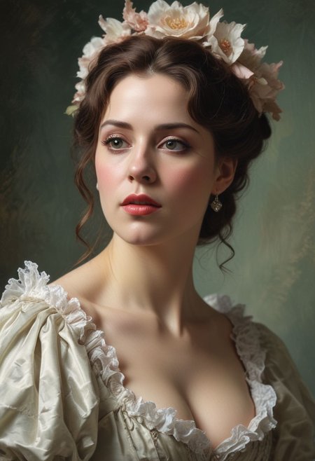 Close Up shot of Camille Monfort as the Victorian opera singer, Low saturation color photography, vintage, grunge, top light, masterful painting in the style of Anders Zorn | Marco Mazzoni | Yuri Ivanovich, Todd McFarlane, Aleksi Briclot, oil on canvas