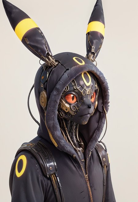 score_9, score_8_up, score_7_up, score_6_up, score_5_up, score_4_up,
portrait,
(Umbreon:1.2), black body, yellow glowing tattoo, 
ears, hood up, onesie, tail,  umbr30n,
reelmech, mechanical parts, cable, wires, machinery, joints, 
mcnm