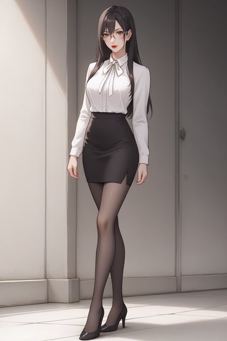 score_9, score_8_up, score_7_up, BREAK source_anime, <lora:Mayuri Hanyuu-PonyXL-lora-Faxtron:0.8> mayuri hanyuu, brown eyes, black hair, long hair, medium breasts, red lips, glasses, white shirt, white neck ribbon, pencil skirt, black pantyhose, high heels, standing,