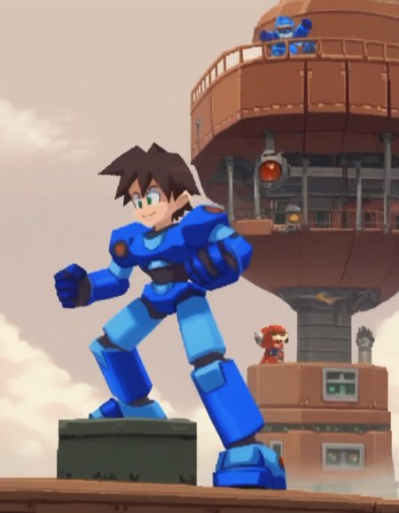 zPDXL, score_9, score_8_up, score_7_up, source_anime, 1boy, solo,
<lora:RockLegend_v1:1> rcklgnd, light smile, superhero landing, mega man volnutt, mecha, mechanical arms, mechanical legs, robot joints, spiked hair, brown hair, green eyes, machinery, blue armor, short hair, sky, airship, ship,