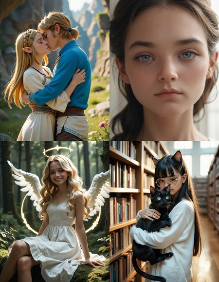https://civitai.com/articles/5300 __ 1st image: score_9, score_8_up, score_7_up, 1girl, 1boy, Princess_Zelda, \(The_Legend_of_Zelda:_Breath_of_the_Wild\), standing, kiss, hug, closed_eyes __ 2nd image: score_9, score_8_up, score_7_up, 1girl, lovely face, portrait, close-up, looking_at_viewer, closed_mouth __ 3rd image: score_9, score_8_up, score_7_up, 1girl, solo, blonde_hair, wavy_hair, angel, angel_wings, halo, smile, sitting, forest, white_dress __ 4th Image: score_9, score_8_up, score_7_up, 1girl, solo, long_hair, black_hair, blunt_bangs, straight_hair, round_eyewear, cat_girl, cat_ears, cat_tail, standing, hug cat, looking_at_viewer, library