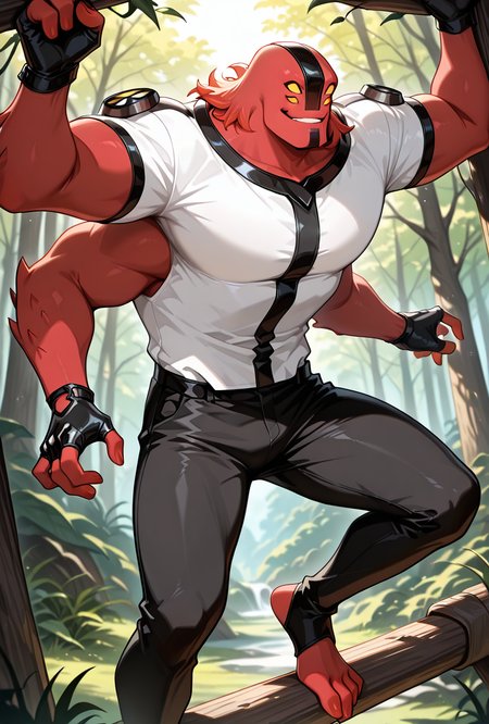 <lora:fourarms-05:1> fourarms, red skin, solo, male focus, yellow sclera, no pupils, 4 eyes, , fingerless gloves, white shirt, black pants, 4 arms , large pectorals, underbite, multiple arms,  smile, dynamic pose, nature, swinging from trees, climbing wall, masterpiece, best quality, amazing quality, very aesthetic, absurdres, newest,