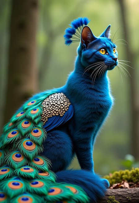 A majestic creature with the body of a cat and the vibrant, iridescent plumage of a peacock sits regally in a (lush, green forest). The cat’s head is adorned with (brilliant blue feathers) that shimmer in the light, its golden eyes glowing with curiosity. (Its tail fans out), displaying the intricate patterns of peacock feathers, each feather marked with striking 'eye' designs in shades of (green, blue, and gold). The fusion of feline elegance and avian splendor creates a mythical, otherworldly aura, capturing the grace of both creatures in perfect harmony. [The background fades softly], ensuring the focus remains on this captivating, fantastical being.