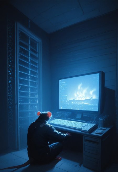 score_9, score_8_up, score_7_up, (server room: 1.2), (burning room: 1.2), rat wearing mechanic outfit, rat sitting at computer screen, (computer screen says "Maintenance Mode": 1.5),