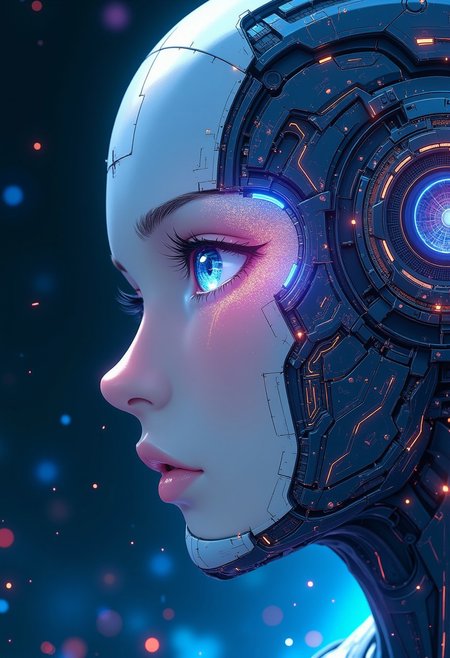 A digital anime artwork in the style of cklg, studio anime art, detailed ink sketch, high quality digital illustration. A hyper-detailed close-up of the cybernetic woman’s face showcases the breathtaking harmony of nano-bots at work. The tiny, geometric machines move in precise, synchronized patterns, assembling her features piece by piece. Her left cheek and jawline are nearly complete, exuding a smooth metallic finish that gleams with a soft, blue luminescence. Her right side is a mesmerizing blur of motion, with nano-bots weaving glowing grids and layers of circuitry in real-time. Her eyes are a focal point of contrast: one is a human-like iris shimmering with faint tears, while the other is a glowing mechanical lens reflecting endless data streams. The background pulses with dynamic patterns of light, particles, and flowing digital ribbons, accentuating the seamless integration of organic emotion and technological evolution in her being.