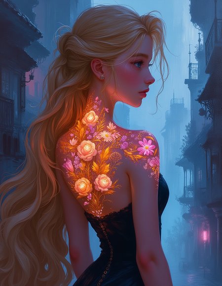 oil painting, ultra high quality, very detailed, a half body profile portrait, (Tangled, Disney) young teen Rapunzel as cute cyberpunk girl in halter top, with glowing BioInk floral tattoos on her back and shoulders, in a Bladerunner type of city, Disney Hybrid style, 70 long blond hair, white skin, blue eyes, Hyper-Detailed, Disney Digital Style, soft colorful blending , ultra detailed, romantic,  Oil paint with visible brush strokes, dry brush painting, novuschroma, in the style of Rembrandt. vantablack <lora:style_of_Rembrandt_FLUX_135:.8> <lora:- Flux1 - vanta_black_V2.0:.6> <lora:113_novuschromaFLX_1:.2> <lora:BioInk2FLUX:0.5> <lora:neeeg_f1:-1>