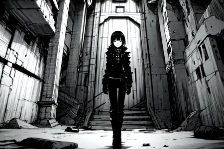 highly insanely detailed, masterpiece, top quality, best quality, highres, 4k, 8k, RAW photo, (very aesthetic, beautiful and aesthetic),  
tsutomu nihei,nihei_tsutomu,blame!,blame gakuen!,abara,TNstyle,sidonia_no_kishi,(hangar,mausoleum,sidonia \(ship\),deep horizon), 
<lora:ABARA:0.8>, 
(1girl:1.3), 
solo focus, 
(in Venice),âââ