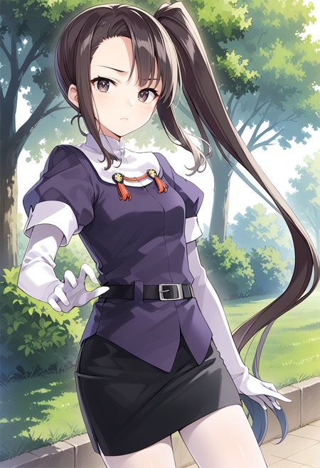 1girl, solo, park, cowboy shot,  <lora:KC_03HC_nachi_pony:1> nachikc, black_hair, side ponytail, very long hair, brown eyes, tsurime,        nachidefkc, shirt_short_sleeves, purple shirt, elbow gloves, white gloves, black belt, black skirt, pencil skirt, white pantyhose, boots,, score_9,score_8_up, score_7_up, source_anime, masterpiece, best quality,  official art, official style, game cg, megami magazine, rating_safe, rating_questionable, <lora:Fixhands_anime_bdsqlsz_V1:0.75>, NEGATIVE_HANDS
