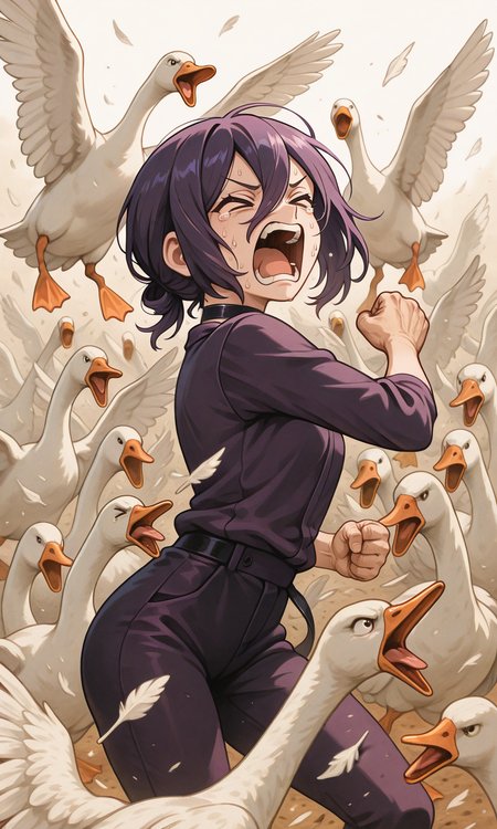 embedding:IllusP0s, goose ambush, 6+ geese, reze, ><, screaming, punching,<lora:goose ambush_illustrious.safetensors:1.0:1.0>