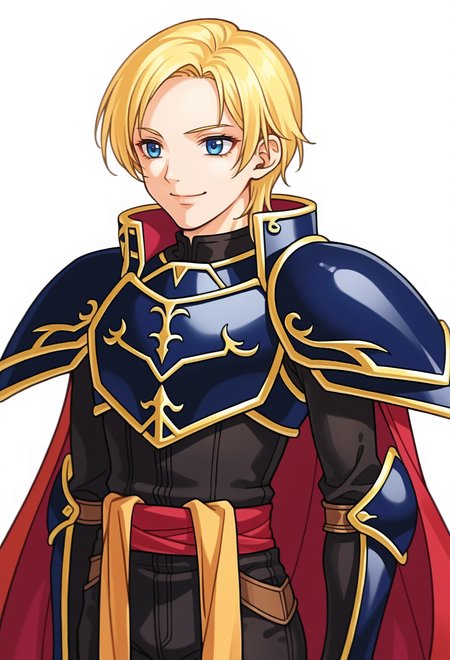 score_9, score_7_up, source_anime, BREAK solo,  <lora:zs_FE10PortraitsXL:1> fe10portraits, portrait, white background,, smile, 1boy, blue eyes, blonde hair, parted bangs, hair intakes, armor, pauldrons, cuirass, gauntlets, waist cape, greaves, black bodysuit, surcoat, shoulder sash, wing shoulder armor, red cape, pants,