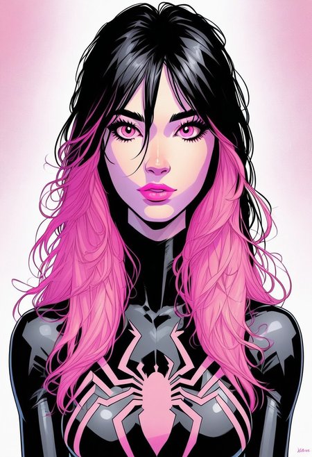/Spider_Ayane/, pink lipstick, long black hair, pink hair highlights, medium breasts, portrait, black bodysuit with pink spider print, looking at viewer, puty lips, pink eyes, straight from front