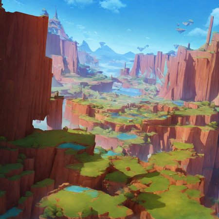 no humans, General, ririko \(fhnngririko\), dynamic angle, natlan, landscape, fantasy, scenery, outdoors, cliff, day, floating island, mountain, moss, ruins, sky, building, pillar, from above, masterpiece, best quality, absurdres, highres