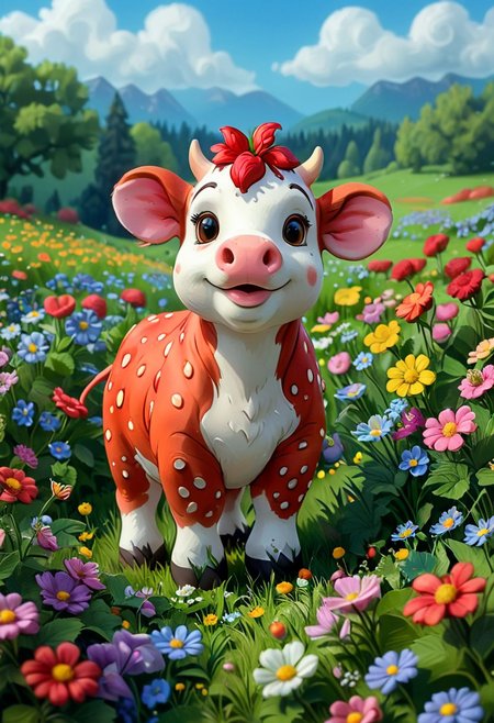 An adorable strawberry cow hybrid creature in a field of flowers, style-sylvamagic, j_cartoon