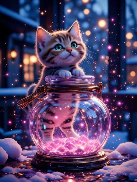 A surreal, whimsical portrait set in a vibrant galaxy environment, blending the ethereal beauty of winter and spring winds under a shimmering rainbow. A small, curious kitty with a playful gaze is captured amidst this enchanting scene. The centerpiece is a magical, unopenable dream jar filled with a sprinkle of edible glitter, glowing with soft, iridescent light. The jar seems to float in the air, radiating surreal energy. The entire composition is illuminated with vivid, colorful lighting that highlights ultra-detailed textures, from the kitty’s fur to the sparkling particles around the jar. The atmosphere feels otherworldly, like a trippy dream captured in 8K surreal photography. aidmaimageupgrader, aidmaMJ6.1m, detailmaximizer, mythp0rt, ne0nfant4sy, drkfnts <lora:aidmaImageUpgrader-FLUX-V0.2:0.8> <lora:aidmaMJ6.1_aidmaMJ6.1-FLUX-v0.4:0.8> <lora:aidmaGLOW-FLUX-V0.1:0.64> <lora:v1v1dr34m:0.64> <lora:aesthetic2-cdo-0.5:0.62> <lora:mythp0rt_FluxMythP0rtr4itStyle:0.66> <lora:ne0nfant4sy_NeonFantasyPrimeFLUX-000049:0.7>