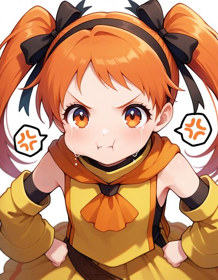 <lora:DHERivieralyuri_SDXL_Illustrious01_fp16_ver02:1>,DHERivieralyuri, 1girl, solo,twintails, orange eyes, orange hair, hairband, hair ribbon, detached sleeves, dress,skirt, v-shaped eyebrows, puffy cheeks,streaming tears, upper body, spoken anger vein,, masterpiece, best quality, very aesthetic, absurdres,<lora:detailed_hands:1>,hand