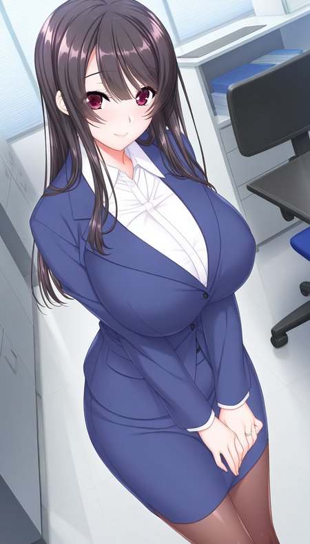 general,highres, ultra-detailed,very aesthetic,best quality ,best hands,  BREAK  <lora:Hidaka_Mai_MesuOchi!_IS:1> BREAK,
Hidaka_Mai_MesuOchi, long hair, 1girl, black hair, huge breasts, red eyes, shiny hair, straight hair, hair between eyes, bangs, BREAK, v arms,
 solo, skirt, pantyhose, skirt suit, office lady, suit, pencil skirt, formal, smile, shirt, looking at viewer, ring, jacket, blue skirt, white shirt, jewelry, standing, blue jacket, long sleeves, collared shirt, closed mouth, dress shirt,
office, room,
