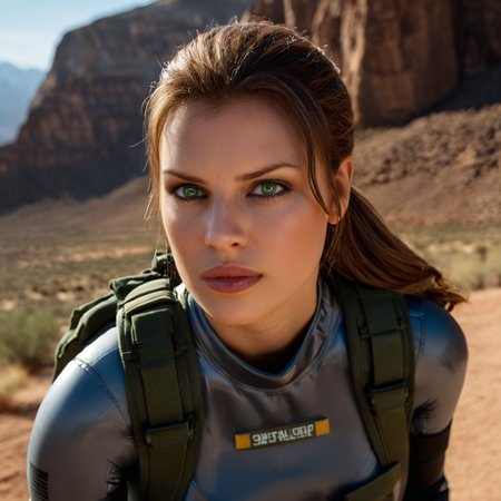 cinematic film still of <lora:add-detail-xl:0.1>1
<lora:detailed:0.2>
<lora:perfection style:0.2>
<lora:eyetune:0.5>
<lora:xl_more_art-full_v1:0.3>
<lora:Ron Fricke style:0.3>
 <lora:Unreal Engine style:0.3>
<lora:TeethXL:1>
 <lora:metal gear solid style:0.9>
Quiet a woman with a backpack looking at the camera,1girl,solo,looking at viewer,brown hair,closed mouth,green eyes,ponytail,outdoors,sky,day,blurry,blue sky,lips,blurry background,portrait,close-up,mountain,realistic,desert , action movie themed, sharp, detailed, epic cinematic photography, artistic, dramatic light, cinematic style, film style, metal gear solid style, shallow depth of field, vignette, highly detailed, high budget, bokeh, cinemascope, moody, epic, gorgeous, film grain, grainy