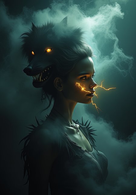 zenthros. A dark and ethereal scene depicting a woman with an otherworldly aura, her profile glowing faintly against a stormy backdrop of swirling clouds. Her face is partially shrouded in shadow, with one eye radiating a fiery golden light, crackling with veins of lightning that spread across her cheek. Emerging from her hair, a spectral wolf with glowing, piercing eyes and bared teeth looms menacingly, its form seamlessly blending into the swirling black smoke around her. The atmosphere is haunting and intense, evoking a sense of raw power, mystery, and supernatural terror. The colors are dominated by shades of black, gray, and pale green, accentuated by vibrant gold and icy blue highlights. The storm clouds churn violently, illuminated by distant flashes of lightning, completing this dark fantasy portrait.