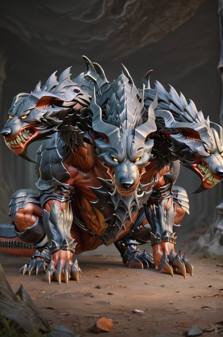 source_furry, score_9, score_8_up, score_7_up, (cerberus_xv, monster, feral), orange skin, detailed skin, armored, (((((three heads))))), yellow eyes, glowing eyes, detailed eyes, sharp teeth, claws, tail, <lora:FF_CerberusPony10:0.8>, in a cave, squatting, leaning forward, closed mouth, angry, zPDXL2, zPDXLpg, zPDXLrl, shaded, best quality, highly detailed, extreme detail, photorealistic
