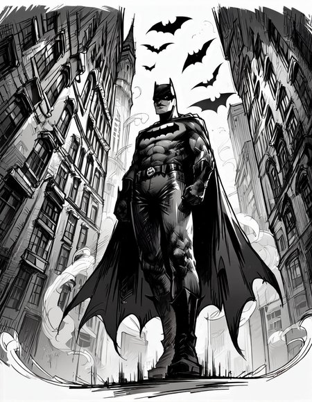 score_9, score_8_up, score_7_up,  <lora:Messy Sketch Style:1>,batman standing on top of a tower looking down below at a city with his cape flowing in the wind,  monochrome,