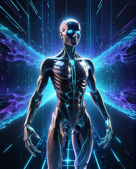 digital art, hologram, bigdata, high technology, sound wave, digital landscape, neural network, Humanoid, reflaction, masterpiece, 32k UHD resolusion, high quality, professional photography, closed up, <lora:Cyberspace V3_epoch_16:1> cyberspace environment, ((created by glowing magical energy in cyberspace)),  <lora:add_details_xl:1>