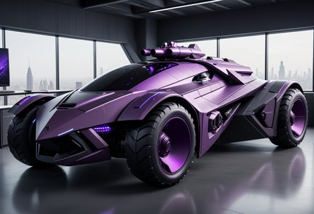 (medium full shot) of (rugged mobile purple futuristic armored car, batmobile style) with reactive armor, elegant design, multi-fuel engine, reinforced chassis, adorned with tactical markings, set in  Executive Suite, Sophisticated office space with panoramic views, sleek glass desks, leather ergonomic chairs, minimalist decor, high-tech conference equipment, a cozy lounge area with designer sofas, ,Masterpiece,best quality, raw photo, realistic, very aesthetic