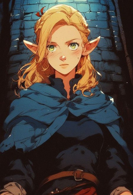 score_9, knva, halftone effect, 1girl, marcille donato, fantasy, ellicrampnxl, elf, dungeon,
