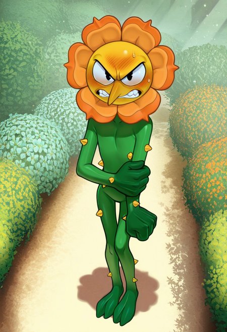 solo, male, plantform, plant boy, 1boy, CagneyCarnation, (orange petals:1.1), yellow face, pointy nose, pac-man eyes, detailed face, perfect eyes, black eyes, large head, round face, masterpiece, hires, absurdres, newest, perfect quality, best quality, ultra-detailed, detailed background, intricate details, 
frown, teeth, (embarrassed:1.2), blush, narrowed eyes, half-closed eyes, looking up at viewer, looking at viewer, angry eyebrows, blush, tsundere, cartoonish anthropomorphic flower, orange bloom, green body, plant-like design, leafy hands, leafy feet, feet resemble leafy vines, (yellow thorns, body thorns:1.2), green stem-like body, (slim, skinny:1.1), narrow hips, full body, standing, slouching, arm at side, holding own arm, clenched hand, pigeon toed, no penis, cocked hip, sweatdrop, 
BREAK 
outdoors, (garden:1.1), bloom, dappled sunlight, high-angle view, from above, shadow, detailed shading, light particles, pollen,