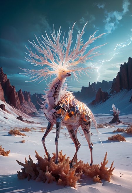 white desert oasis, salty earth, hyper detailed,  rusty, striking, animalistic, bite-sized, by Floris van Schooten  and by richard avedon, famous artwork inspired by (beeple:1.3) and (cliff nielsen:1.4), crystalline, fractal art, fantasy style, this peculiar life form, the "inquisitive plerkblortz" hides in the gnarling dense crystal jungles of the puffalorpled exoplanet "gazorpazorp secundus", covered in a metallic exoskeleton it ambushes its prey with (long crystalline appendages:1.4), dark, shadows, black, shadow hues, highly artistic, highly painterly, harmonic colors, expressive, ultimate aesthetic level, visible brushstrokes, masterclass artistry, vibrant energy, apocalyptic mood, atmospheric haze and dense fog, strong winds,  highly aesthetic, otherworldly, limited palette,  faded colors, washed out colors, extremely dark, extremely low key lighting, dark shadows, perfect composition, full panoramic shot translucent, transparent, glowneon, glowing, sparks, lightning