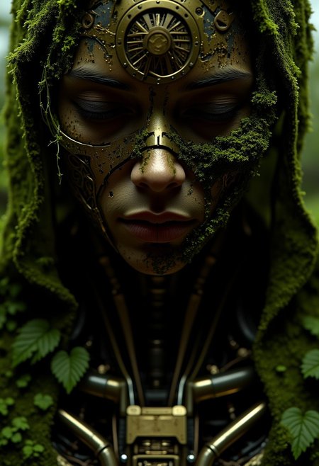 ajweathbo. An dystopian enigmatic, timeworn StarWars DARK sith inspired automaton, its once-glorious brass plating now dulled by centuries of rain and creeping moss. Its biomechanical facemask, half-broken like a fallen black marble statue, bears the scars of forgotten wars, its fractured jaw locked in eternal silence. Lush green vines coil around its exposed clockwork, tiny glowing spores drifting from the cracks like whispers of an ancient intelligence. The air hums with unseen energy, as if the machine still dreams beneath its overgrown tomb. Soft, cinematic light filters through the mist, catching the gleam of corroded filigree—a portrait of a being neither alive nor dead, lost in the ruins of its own forgotten empire.