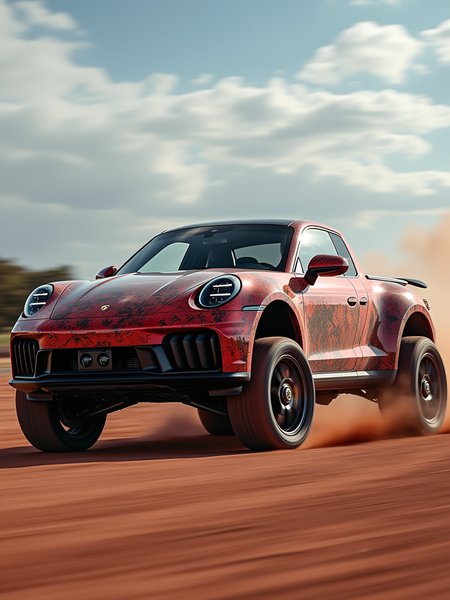 porsche 911 pickup truck, high stance, bigger wheels, (pickup), red camo color, racing on a dirt track