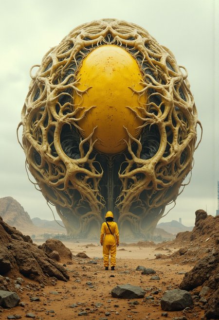 A hyper-realistic hauntingly beautiful dark sci-fi scene featuring a vast, barren landscape with a colossal, organic, yellow spherical object. A sphere made up of intertwined and fused egg spheres, intertwined veins and layered flesh reveals a structure of fused mutated spheres and intertwined veins and sinews. A woman in a yellow biohazard suit stands on rocky terrain, staring at the mysterious sphere. An overcast sky hangs over her, creating an eerie atmosphere on the desert landscape. In the distance, man-made structures can be seen on the horizon, hinting at a wider world, sci-fi and high tech. This striking image evokes a sense of wonder and curiosity, inviting viewers to explore the mysterious world that lies within, cinematic, painting, high definition, high detail, 16K resolution. ultra sharp focus photo, 3d render, architecture, dark fantasy, vibrant (photography, high-resolution, dynamic, energetic,hyper-realistic, dramatic lighting, shallow depth of field.)