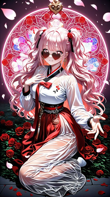 IllusP0s_1097608,  (masterpiece), (best quality), (ultra-detailed), amazing quality, very aesthetic, illustration, perfect composition, intricate details, absurdres, incredibly absurdres, BREAK,
hot attractive  girl , Romance,a man and woman falling in love during a cruise,pink flower, happy valentine, valentine,cherry blossoms, a woman falling for a man who is her personal trainer,true love,love aura,pink light, (full body shot ) of two lovers running fingers through hair, detailed face, detailed hands, detailed eyes, located in a romantic scene at a beautiful rooftop during night with clear weather, illuminated by cozy fireplace light, creating a gentle atmosphere,
,see-through cleavage, carbon-fiber sunglasses,afternoon,red light ,amorous  atmosphere,heart,  heart-shaped pupils, love,(hanbok,korean clothes,clothed underbust,hanfu),,love  symbol, floating heart,  heart circle,  hip armor, pink  , many red rose, 
she has very short hair,hair scarf,(wavy hair:1.2, ),pink hair,two side up, comb ,
<lora:NSFWFilter_illusXL_Incrs_v1:-1>,(stained_glass,stained_glass_print,sglass style),hand on own chest