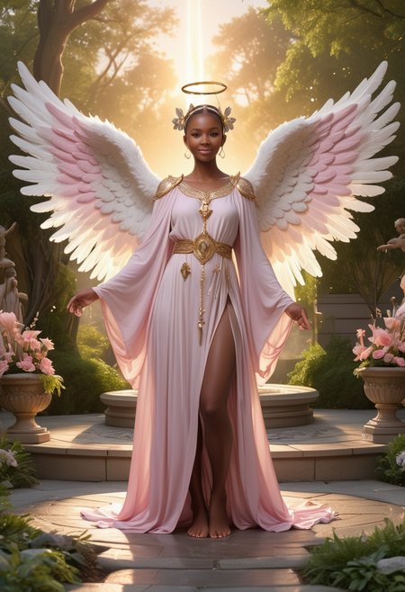 (medium full shot) of (ethereal angel with feathered wings and an angel halo) young woman, slim build, medium blonde bun hair, south african, dark skin, hazel eyes,  wearing a diadem adorned with sparkling gemstones, heavenly pink seraphic robe with celestial symbols, sheer stockings, ivory ballet flats, holding a glowing vial containing stardust, set in  divine temple, Heavenly Gardens, Serene outdoor space with lush greenery, fragrant flowers in bloom, winding pathways lined with statues of celestial beings, inviting benches for contemplation, a gentle babbling brook flowing through the center , at sunset, woman smiling, detailed face, ,Masterpiece,best quality, raw photo, realistic, very aesthetic