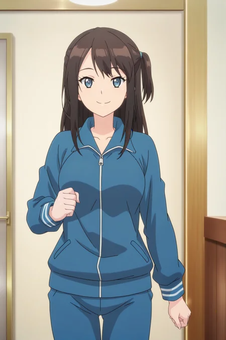 anime screenshot, tsuneki hikari, 1girl, solo, brown hair, long hair, one side up, blue eyes, medium breasts, track suit, track jacket, blue jacket, long sleeves, blue pants, looking at viewer, smile, cowboy shot, indoors, masterpiece, best quality, high quality, highres, absurdres,  <lora: tsuneki_hikari_ILXL:0.9>