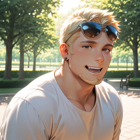 masterpiece, best quality, amazing quality, absurdres, newest, detailed background, definition so sharp, Ultra-HD, 8K cinematic, very awa, impressionate, amazing quality, highres, 
solo, male focus, manly, 
1boy, short hair, goatee, chubby, rikio_blonde, rikio_brown eyes, rikiokamamoto, sunglasses \(on head\), earrings, sideburns, simple t-shirt, bright lighting, park, sunny day, soft bokeh, gentle, kind eyes, inviting, friendly, joyful, looking at viewer, open mouth smile,