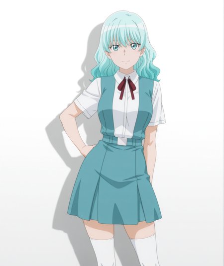 official art, absurdres, highres, anime coloring, hi res, best quality, masterpiece, 2d, intricate details, 4k, shadow,
1girl, solo, female, eyelashes, nose, bangs, long hair, eyebrows hidden by hair, aqua eyes, aqua hair, blue eyes, blue hair, 
school uniform, shirt, short sleeves, white legwear, white shirt, tokyo-3 middle school uniform, cosplay, alternate costume, 
contrapposto, looking at viewer, 
depth of field, white background, <lora:Luria_Aensland_(Character)_ILXL:1>,