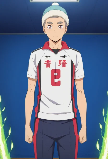 masterpiece, best quality, intricate details, anime screencap, anime coloring, , looking at viewer, 1boy, solo, male focus, <lora:Tamahiko_Teshiro-000009:0.96>, tamahiko_teshiro, grey hair, very short hair, brown eyes, wide angle, wide shot, cowboy shot, energy plant, light, arms at sides, tearing up, , ski hat