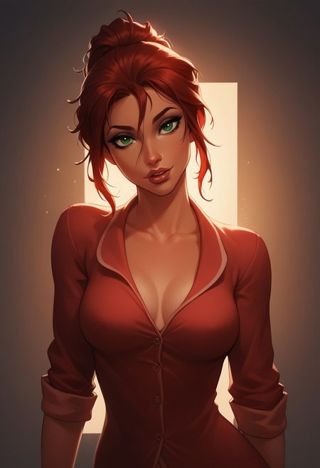 score_9, score_8_up, score_8, 
JanePorterXLP, pajamas, moody lighting,
 1girl, sexy girl, solo,38 years old, hair in messy ponytail, green eyes, red hair,
 ( perky (medium breasts)), (full juicy lips), 
 tan, 
aroused,sunshine, 
eye contact, looking seductively at viewer, 
full color