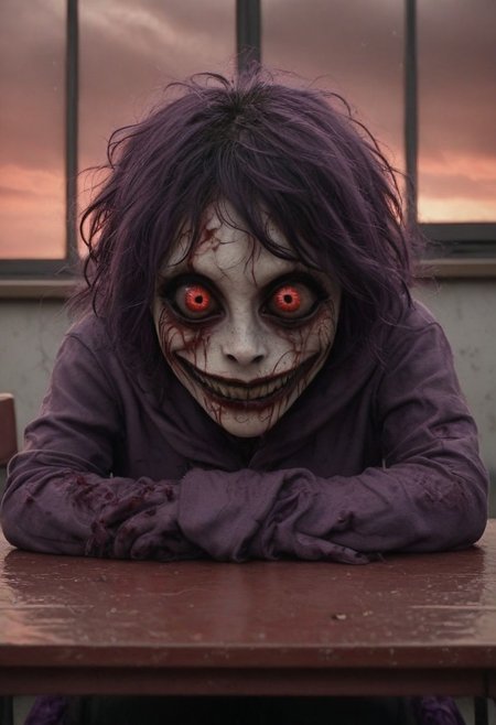 sitting at desk, sitting on chair, head lying down on desk, head down on desk, classroom, windows, red sky, dark red sky, cloudy, blood red sky, horror, scary, 
BREAK
1 girl, solo, short hair, purple hair, long eyelashes, purple hoodie, purple skirt, purple shoes, hood up, short black hair, messy hair, red eyes, small pupils, black sclera, bloody face, wide grin, wide smile, wide eyed, scary, evil smile, close up on face, blood everywhere, raining blood,