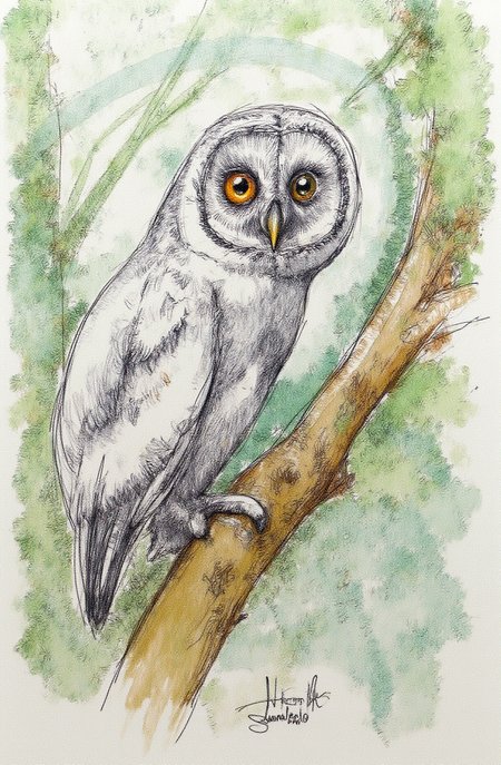 Sharp image of a rough sketch, rendered in vibrant multi colour ballpoint pen, capturing the adorable features of a close-up portait of an owl perched on a tree branch. The owl is facing towards the right side of the image, with its head turned slightly to the left. It has large, round, orange-colored eyes that are looking directly at the camera. Its body is covered in grey feathers, and its wings are slightly spread out. The tree branch is covered with green leaves and twigs, and the background is blurred, but it appears to be a forest or wooded area with trees and foliage.  p3nsk, <lora:p3nsk:1>