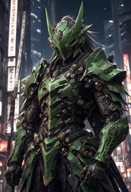 shinjuku, neon lights, city, one man, samurai armour, night time, dramatic lighting, holding 1 sword, high quality, green armor