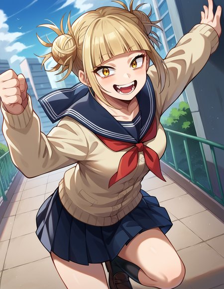 score_9, score_8_up, score_7_up, source_anime,
himikotoga, <lora:himiko-toga-ponyxl-lora-nochekaiser:1>,
himiko toga, bangs, blonde hair, yellow eyes, blunt bangs, hair bun, double bun, messy hair, smile, open mouth,
skirt, long sleeves, school uniform, pleated skirt, shoes, serafuku, socks, sailor collar, blue skirt, neckerchief, kneehighs, brown footwear, cardigan, black socks, loafers, red neckerchief, yellow cardigan,
outdoors, cityscape,
looking at viewer, cowboy shot, dutch angle, dynamic pose,