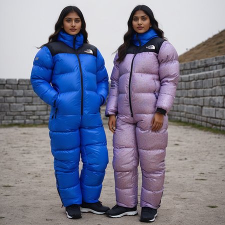 (full body shot) cute two indian girls wearing Abstract prints   tnf_nuptse jacket and thick puffy double layered tnf_nuptse parkasite downsuit glosssuit, hyperdetailed photography,4k textures,intricate details,4k resolution   <lora:pufferdown_tnf_nuptse:0.5>, cinematic still <lora:Parkasite_XL-000010:0.6>